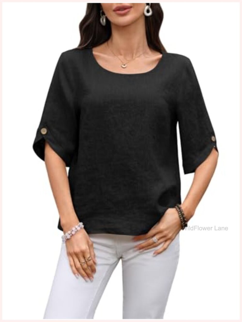 Women's 100% Linen 3/4 Sleeve Blouse Button Crewneck Summer Top